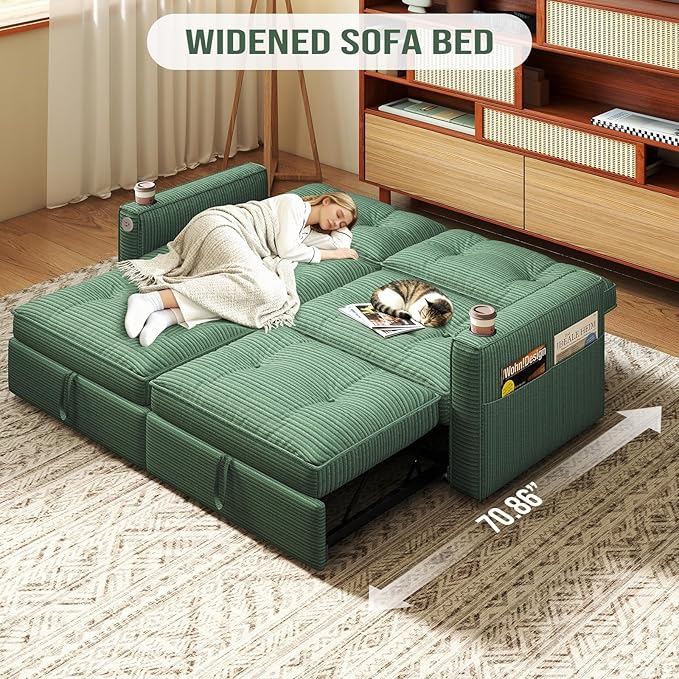 Rovibek 73.2" Convertible Sofa Bed, Pull Out Couch with USB Charging Port & Cup Holders, Adjustable Backrest, Side Pockets, Modern Corduroy Sleeper Sofa for Living Room, Bedroom, Apartment, Green