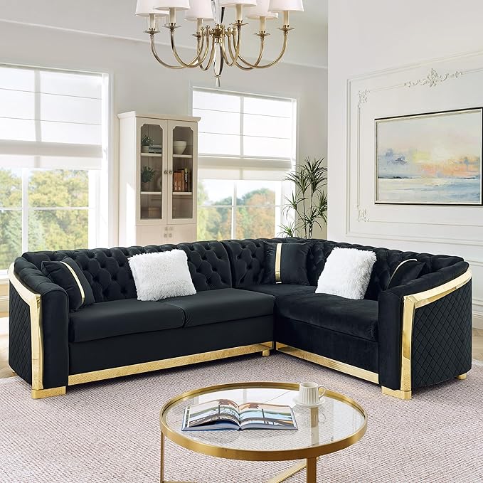 KEIKI 106" L-Shaped Luxury Velvet Chesterfield Sectional Sofa with Gold Stainless Steel Accents and 5 Pillows, Mid-Century Oversized 5-Seater Button Tufted Couch, Easy Assembly, for Living Room, Black