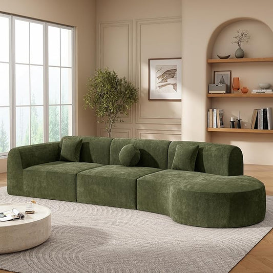Merax 140" Curved Polyester Sectional Sofa Set, 7 Seat Modern Cloud Couch with Chaise Lounge,3 Pillows, Fully Assembled for Living Room, Green