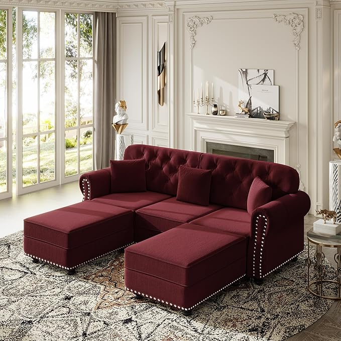 KEIKI 83" Velvet Chesterfield Sofa with Rolled Arms & Nailhead Trim & 2 Ottoman, Modern 3-Seater Button Tufted Couch with High Resilience Cushion & 3 Pillow, Easy Assembly, for Living Room, Burgundy
