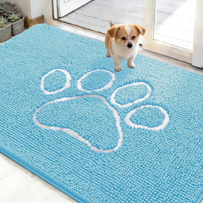 OLANLY Dog Door Mat for Muddy Paws 48x30, Paw Print Design, Absorbs Moisture and Dirt, Absorbent Non-Slip Washable Doormat, Quick Dry Chenille Mud Mat for Dogs, Entry Indoor Entryway Carpet, Blue by OLANLY