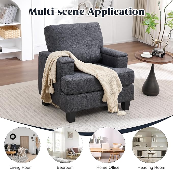 Accent Chairs Set of 2 with Armrest Storage, Modern Upholstered Reading Living Room Chairs, Comfy Large Armchairs, Fabric Single Sofa Chair for Bedroom (Dark Grey)