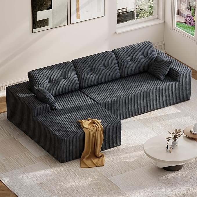 Ball & Cast 106" Cloud Modular Sectional Sofa, Boneless Corduroy Couch with Deep Seat, Comfy L-Shaped Sectional, Modern Upholstered Sofa for Living Room, No Assembly (Gray, Left Facing Chaise)