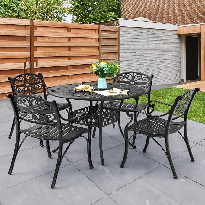 NUU GARDEN 5 Pieces Outdoor Patio Dining Set, 42" Round Cast Aluminum Dining Table with 2.24" Umbrella Hole and All-Weather 4 Outdoor Patio Dining Chairs for Patio, Garden, Backyard, Balcony, Bronze - Image 2
