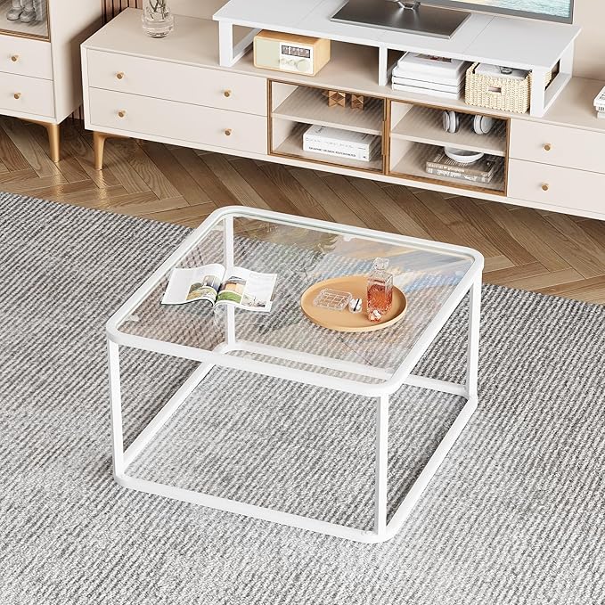 Coffee Table Glass, Minimalist Square Tables for Living Room, Modern Center Table for Office or Small Space, Sturdy Metal Frame, Easy Assembly, 26.4 x 26.4 x 15.7 Inches, White