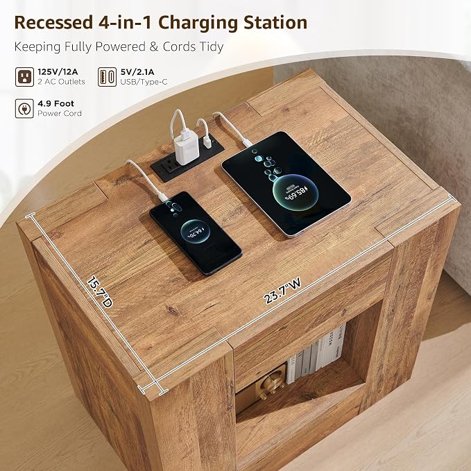 OKD 24" Wide Modern Nightstand, Wood Night Stand with Charging Station & Hidden Drawer, Side Table Bedroom with Storage Shelf, End Table, Gold Rustic Brown - Image 4
