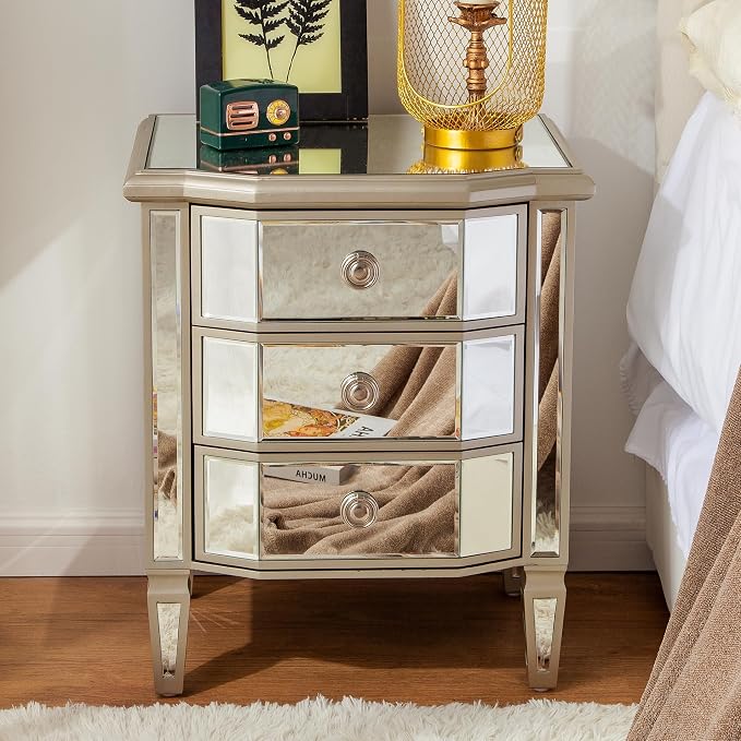 SHYFOY Mirrored Gold Nightstand with 3 Drawers, Antique Bed Side Table Night Stand, Mirror Finished Modern Accent Bedside Table, Glass Nightstand for Bedroom Living Room by SHYFOYHomeDecoration