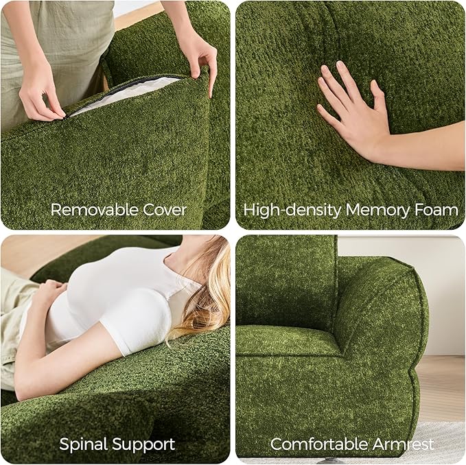 42.5" Single Cloud Sofa, Boneless Couch for Small Spaces, Modern Comfortable Upholstery Sofas with Pillows for Living Room, Apartment, Dorm, Office, Removable Cover, No Assembly Required, Green