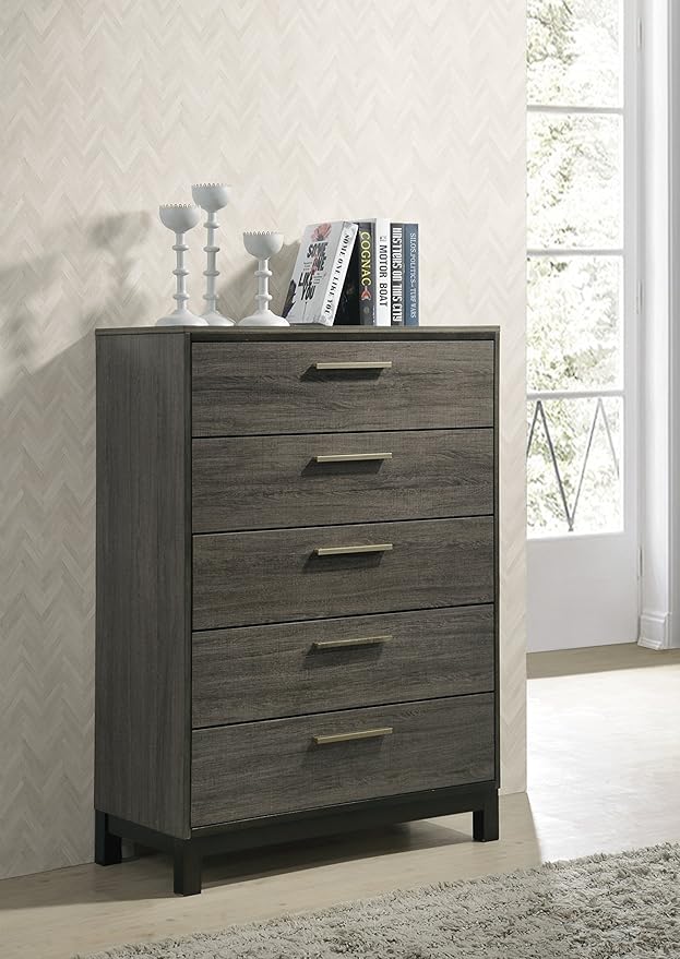 Roundhill Furniture Ioana 187 Antique Grey Finish Wood Bed Room Set, Queen Size Bed, Dresser, Mirror, Night Stand, Chest
