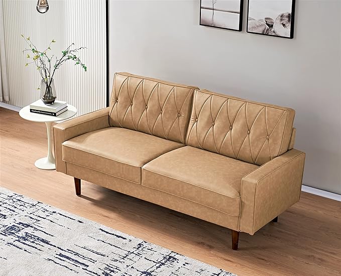 Container Furniture Modern Style Faux Leather Sofa with Elegant Round Tapered Legs and Button Tufted Backrest Perfect for Living Room, Bedroom or Home Office, 69.3’’ Wide, Camel