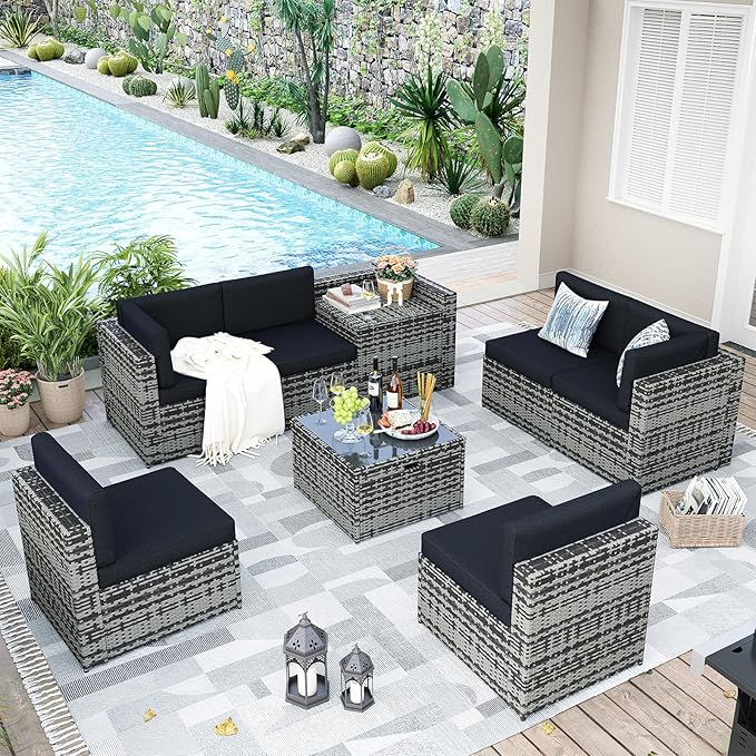 Aoxun 8 Piece Patio Furniture Set, Wicker Rattan Outdoor Furniture Set with Storage Box and Glass Top Table, Patio Sectional Set with Thickened Cushions and Include Waterproof Cover (Grey & Black)