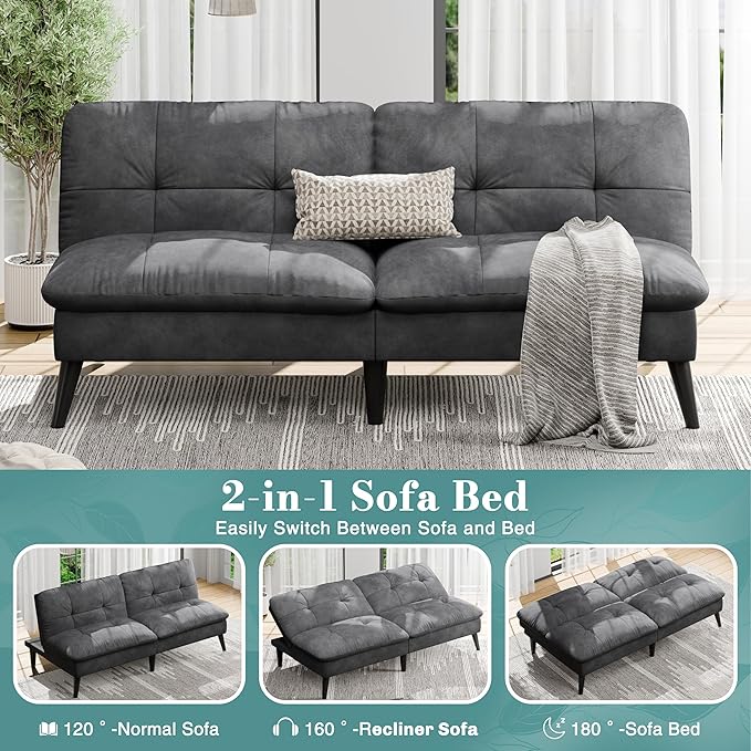 Shintenchi Convertible Futon Sofa Bed, Folding Velevt Set with Adjustable Backrest Recliner Lounge for Living Room, Apartment or Office, Solid Wood Frame, 3-Seater Sofa, Light Grey