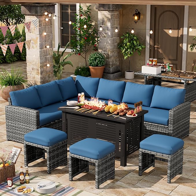 U-MAX 7 Pieces Patio Furniture Set with 43" Fire Pit Table, Outdoor Sectional Sofa Conversation Set, All Weather Wicker Rattan Dining Table & Chair with Ottoman, Grey Rattan&Dark Blue Cushion