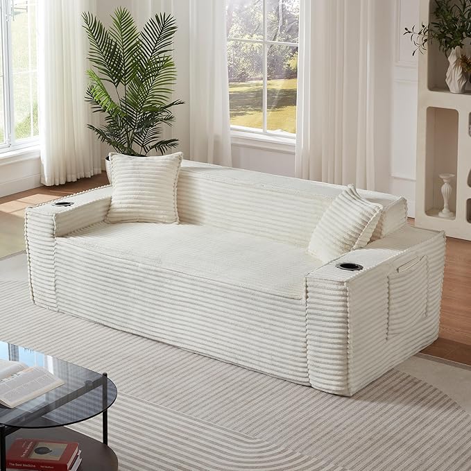 Cloud Loveseat Boneless Sofa Couch in a Box with Cupholders, Modern Corduroy Compressed Sofa for Living Room, 3 Seater High-Density Foam Couch with Pillows, No Assembly Required