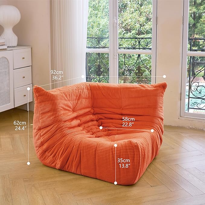 N&V Fireside Corner Chair, Mid Century Armless Floor Sofa, Soft Premium Corduroy Floor Lounge Chair, Foam Sofa Accent Chair for Living Room Bedroom and Office (Tangerine)