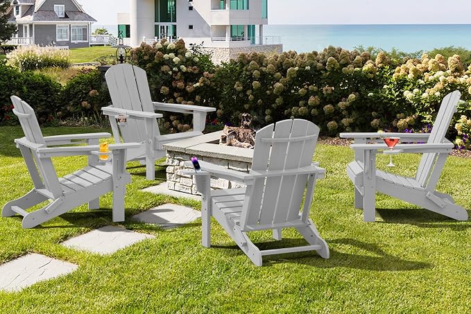 SERWALL Adirondack Chair with Cup Holders - Composite Adirondack Chairs Set of 6 HDPE Outdoor Chairs All Weather Use- Silver Gray - Image 2