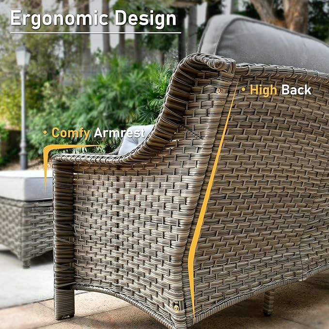 HOOOWOOO 6 Piece Patio Furniture Conversation Sets with Sola Light Table,Outdoor Wicker Furniture with Ottoman, All Weather Resistant Outside High Back Rattan Patio Set(Light Grey Gray)