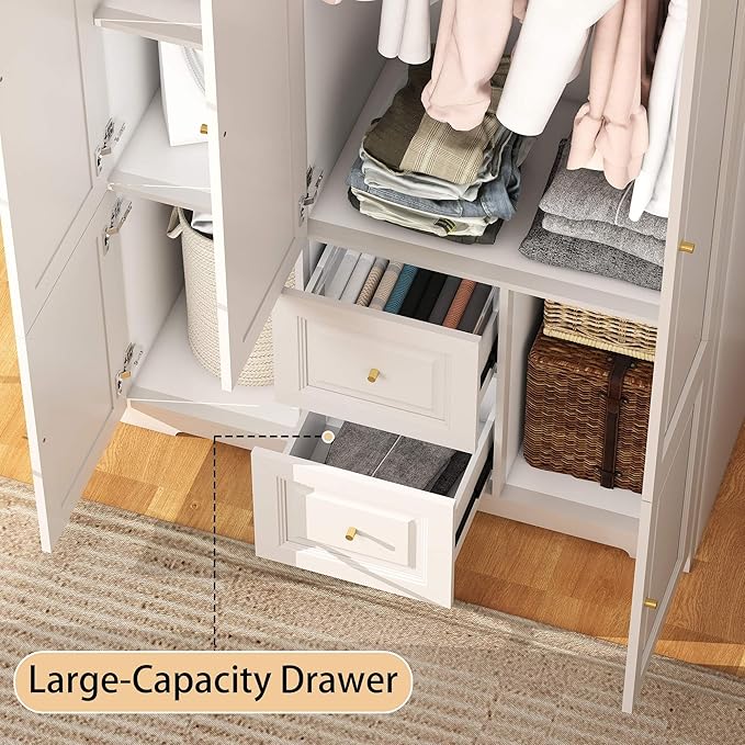 Bedroom Armoire Wardrobe Closet with Drawers: White Wardrobe Closet for Hanging Clothes, Large Wardrobes Storage Closets, Wood Closets Cabinets with Doors and Shelves (White, 47")