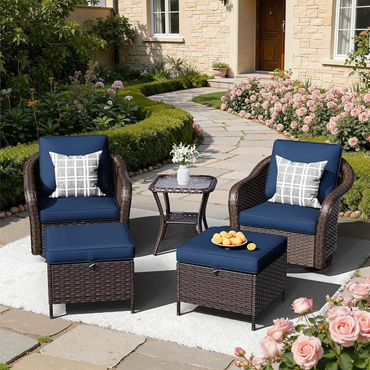 5 PCS Outdoor Conversation Set | 2 Swivel Chairs, 1 Side Table, 2 Ottomans, Patio Wicker Conversation Furniture with Removable Cushions for Bistro, Deck, Sunroom(Navy Blue)