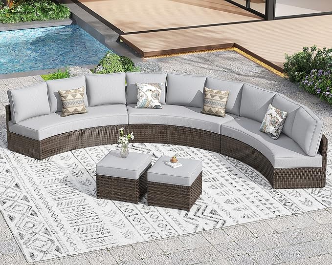 11 Piece Outdoor Patio Furniture Set, Half Moon Patio Sectional Set with Soft Cushions and Ottoman, All Weather Rattan Wicker Curved Outdoor Sofa for Backyard Patio Garden