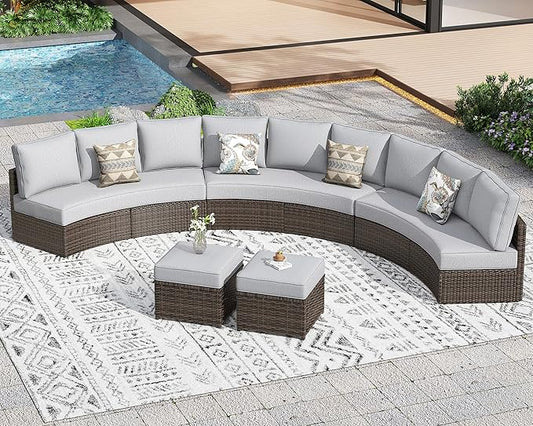 11 Piece Outdoor Patio Furniture Set, Half Moon Patio Sectional Set with Soft Cushions and Ottoman, All Weather Rattan Wicker Curved Outdoor Sofa for Backyard Patio Garden