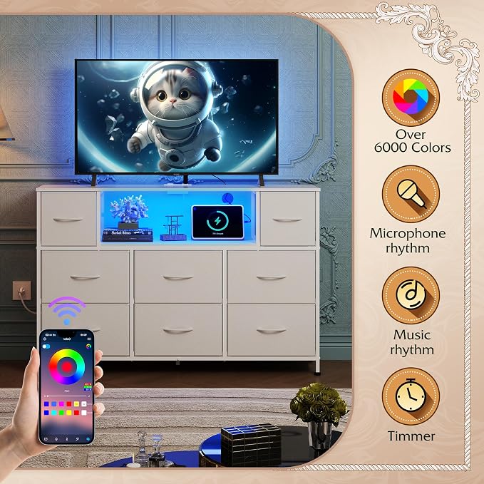 WLIVE White Dresser TV Stand for 45, 50, 55 inch TV, Entertainment Center with LED Lights & Charging Station, Chest of Drawers with 8 Fabric Drawers and Open Shelves for Living Room, Hallway, Wood Top - Image 5