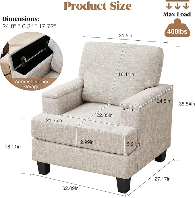 Accent Chairs Set of 2 with Armrest Storage, Modern Upholstered Reading Living Room Chair, Comfy Large Armchairs, Fabric Single Sofa Chair for Bedroom (Beige)