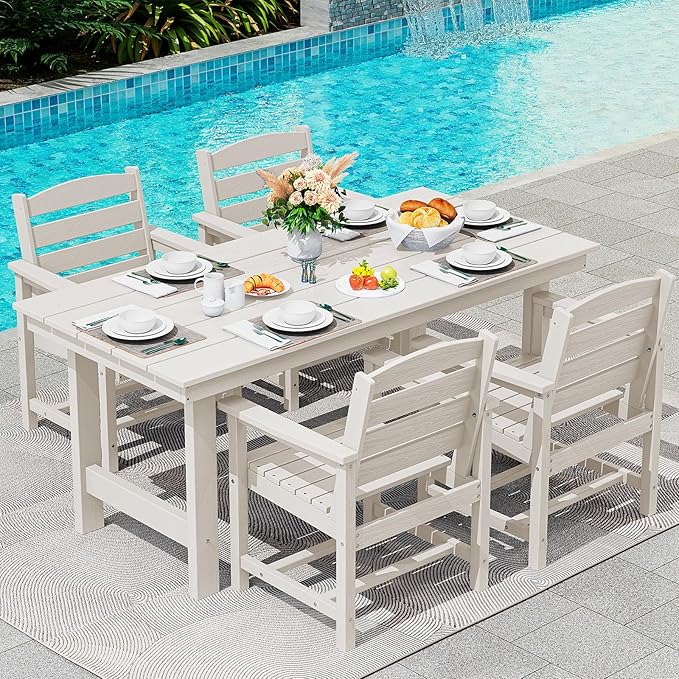 SERWALL Patio Table Set, Outdoor HDPE Dining Set with Umbrella Hole, 5-Piece - Table and 4 Chairs, All Weather for Lawn, Garden, Poolside, White by SERWALL