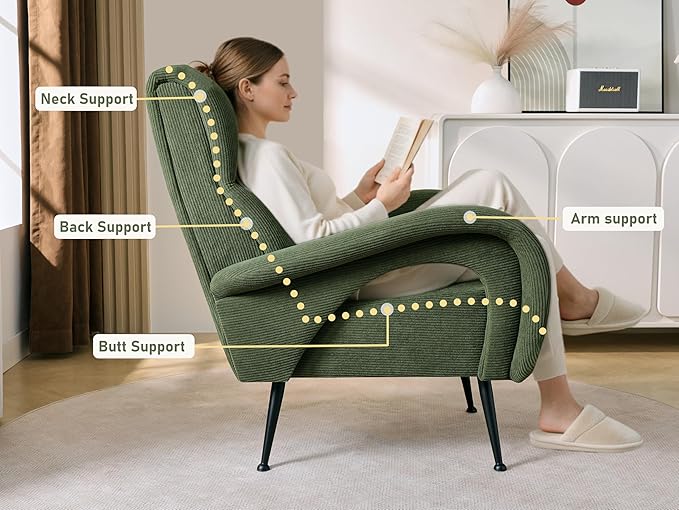 Corduroy Living Room Accent Chairs, High Back Reading Chairs for Bedroom, Modern Comfy Upholstered Armchairs for Bedroom, Reading Nook, Apartment, Forest Green