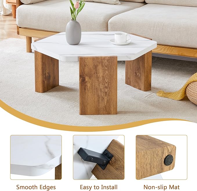 31 inch Modern Coffee Table Small Hexagon Marble Top and Wood Legs, Compact Living Room Coffee Table 250lbs Capacity, Quick Assembly Nordic Style