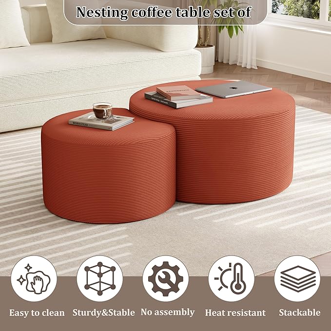 Nesting Coffee Table Set of 2, Upholstered Round Corduroy Circle Foam Round Side Table for Living Room, Entryway Set, 32"+17" Footrest No Assembly (Orange, 32"+17")