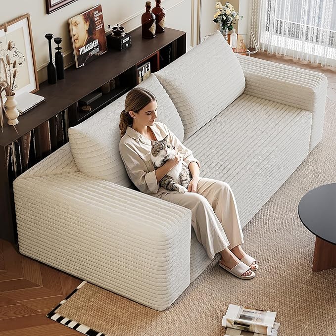 Ball & Cast 63" Loveseat Sofa with Deep Seat,Memory Foam,2 Seater Floor Couch with Corduroy Fabric,No Assembly,Cloud Sofas Couches for Small Spaces Living Room Bedroom Apartment,Easy to Move,White