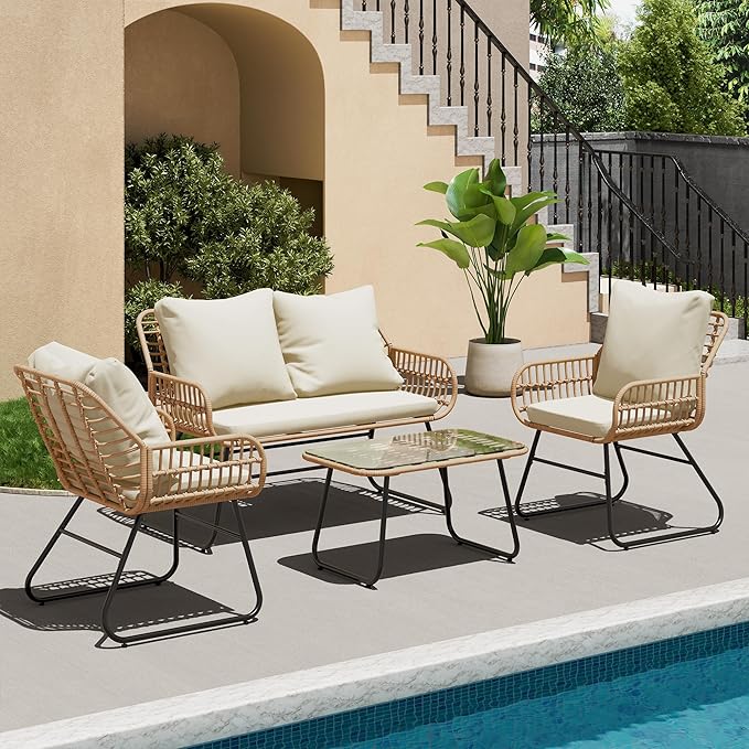LEX CRAFT 4-Piece Wicker Outdoor Patio Furniture Set with Cushions & Tempered Glass Table, All-Weather Rattan Bistro Set with Loveseat Chairs Table Soft Cushions for Garden, Porch, Backyard (Beige)