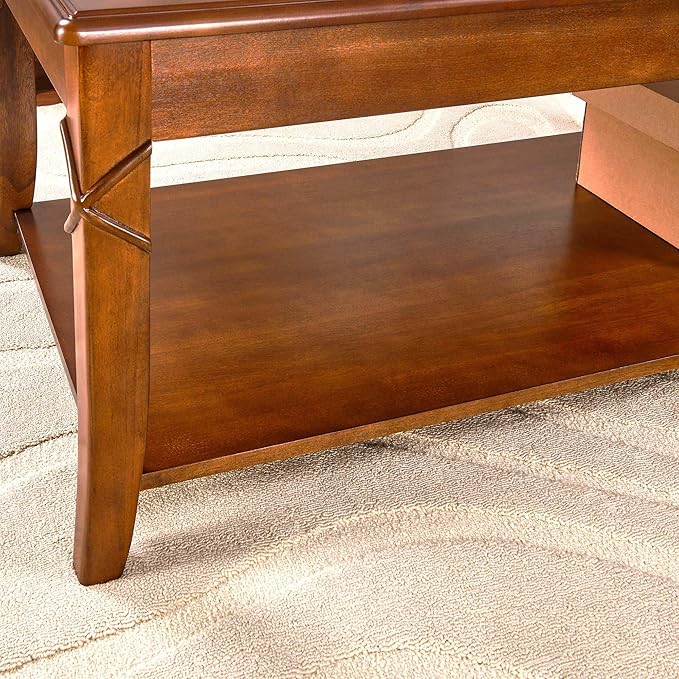 MODERION Solid Wood Coffee Table with Storage Shelf, Mid-Century Living Room Table with Wood Carved Tabletop and Leg, 43.3” Splicing Cocktail Center Table,Easy Assembly, Cherry Brown KFZ-DR200