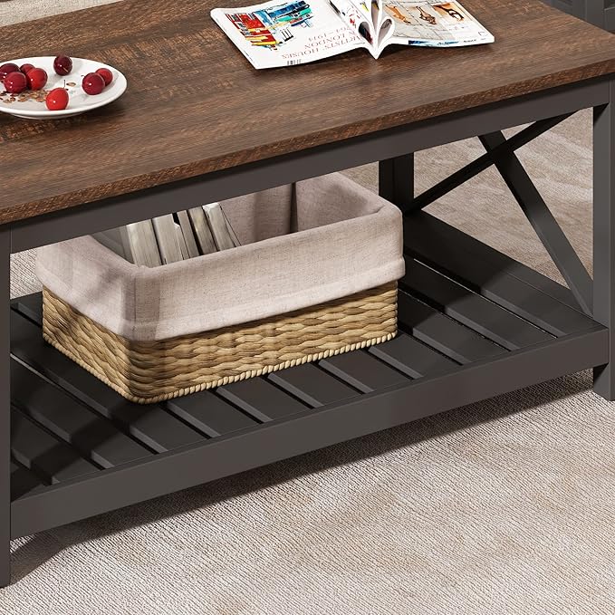 ChooChoo Coffee Table, Rustic Vintage Farmhouse Living Room Table with Shelf, 40 Black