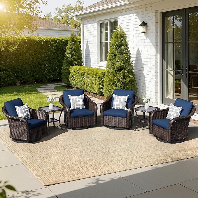4 PCS Outdoor Conversation Set | 4 Swivel Chairs, 2 Side Tables, Patio Wicker Conversation Furniture with Removable Cushions for Bistro, Deck, Sunroom (Navy Blue)