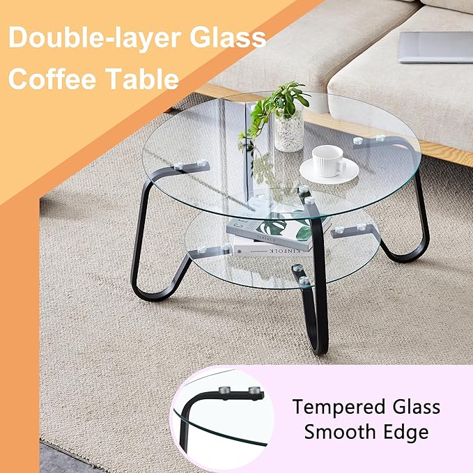 Glass Round Coffee Table for Living Room, 31.5 Inch Tempered Glass Top & Sturdy Metal Frame with Storage Shelf, Modern Small Center Table with 200lb Capacity, Quick & Easy Assembly