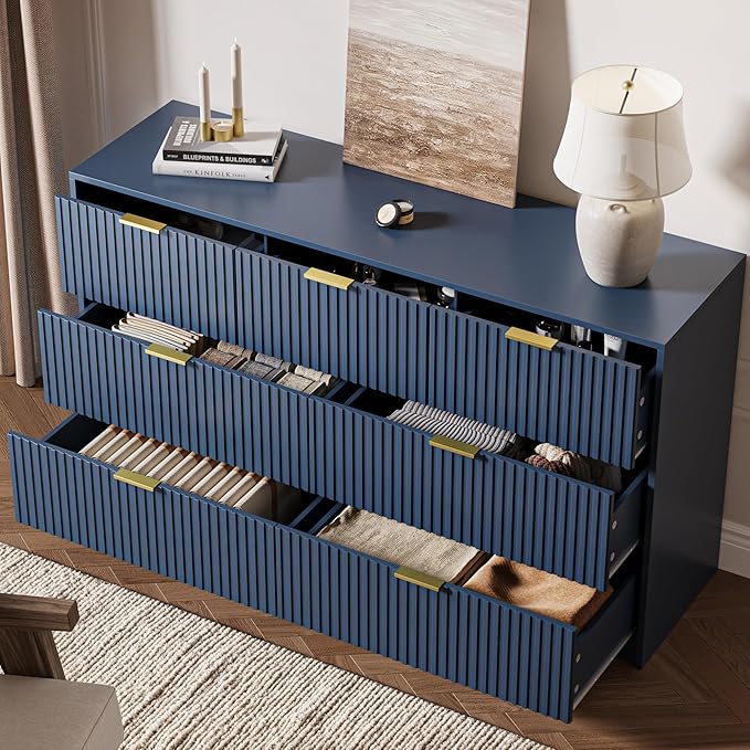 MAISONARIA 3-Piece Dresser Bedroom Set, 7 Drawer Dresser & 3 Drawer Nightstands with Gold Handles, Fluted Wood Chest of Drawers for Bedroom, Living Room, Entryway, Navy Blue