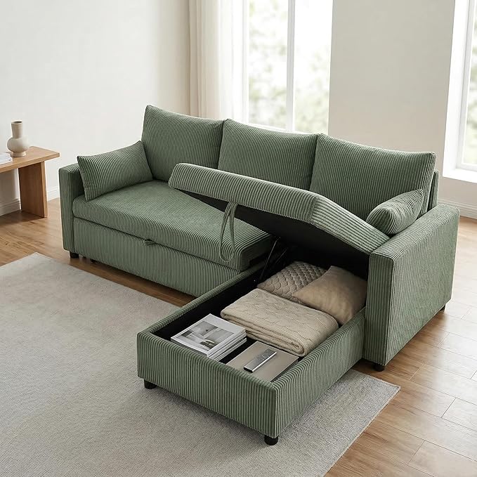 Queen Sleeper Sofa, Convertible Sofa Bed with Storage, 85 Inch Sectional Couch with Pull Out Bed, L Shaped 3 Seat Sectional Sleeper Sofa for Living Room, Apartment, Green