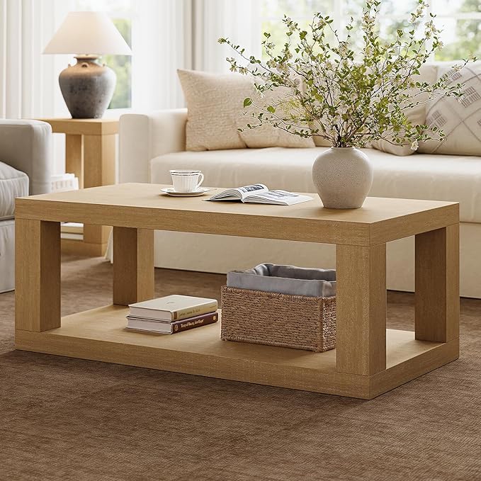 47" Modern Coffee Table, Center Table for Living Room, Large Wooden Rectangular Coffee Tables for Living Room,Office,Wood Thick Design,Real Wood Veneer,Natural Oak