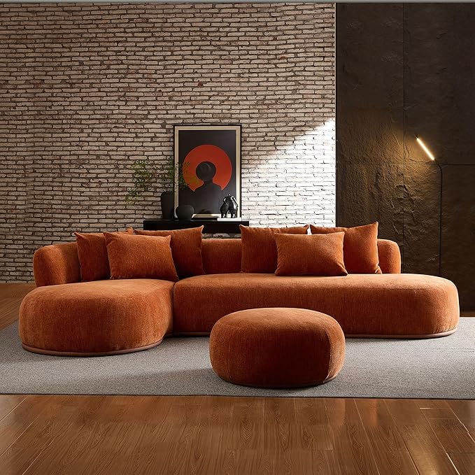 KEIKI 135" L-Shaped Oversized Boucle Sectional Sofa with Left Chaise, Modern 5-Seater Polyester Curved Couch with PU Leather Base, 1 Ottoman & 6 Pillows, No Assembly Required, for Living Room, Orange