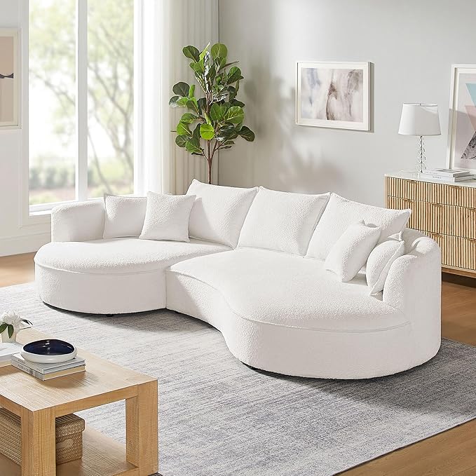 KEIKI 129" Luxury Curved Boucle Sectional Sofa with Left Chaise, Upholstered Modern Style Oversized 5-Seater Couch with Thickened Seat Cushions, Easy Assembly, for Apartment, Living Room, White
