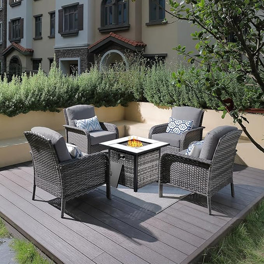 ovios 5-Piece Patio Furniture Set, Outdoor Wicker Sofa with Chairs Fire Pit Table, High Back Rattan Chair with Comfy Cushions for Porch Yard Deck, Dark Grey