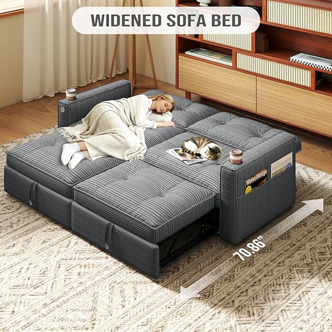 Rovibek 73.2" Convertible Sofa Bed, Pull Out Couch with USB Charging Port & Cup Holders, Adjustable Backrest, Side Pockets, Modern Corduroy Sleeper Sofa for Living Room, Bedroom, Apartment, Grey