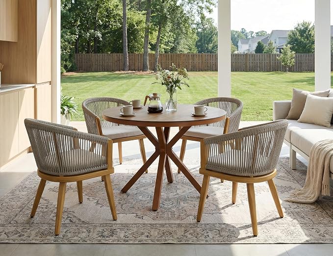 PURPLE LEAF 5-Piece Patio Dining Set Outdoor Furniture Deep Teak Round Table and Chairs with Cushions Teak-Finish Aluminum Frame All-Weather Wicker for Garden Deck Backyard Kitchen by PURPLELEAF