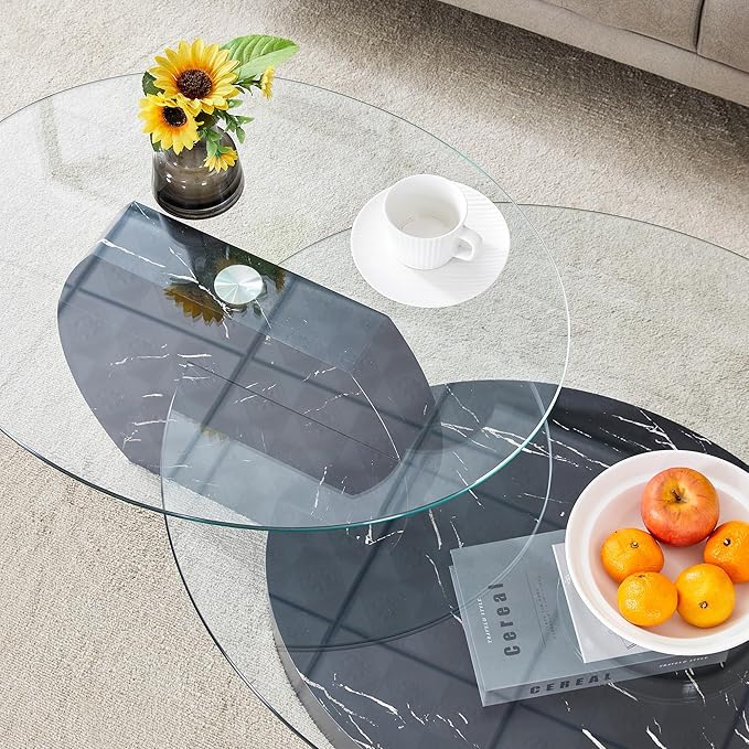 Ebullient Glass Coffee Table, 42" Round Coffee Table, 2-Tier Glass Tabletop with Black Faux Marble Pattern Base, Easy to Maintain and Assemble, Ideal for Dining Room, Living Room