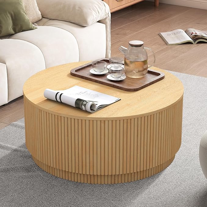 LEVNARY 31.5" Round Coffee Table with Storage, Boho Coffee Tables with Fluted Base, Wooden Circle Accent Center Table for Living Room Small Space Apartment Office (Natural)