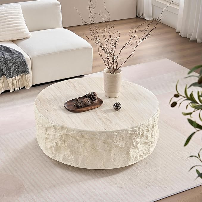 Round Coffee Table for Living Room Circle Coffee Table Modern Drum Center Table for Apartment, No Need Assembly (Fiberglass 35.43'' Cement Stone Pattern) | for Living Room, Modern, for Apartment, No Need Assembly