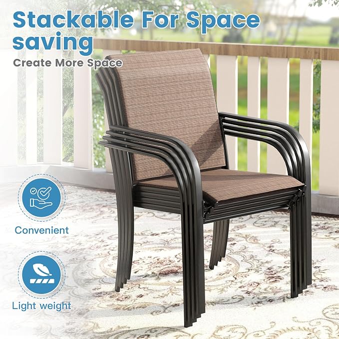 DIFY Patio Dining Set for 6, 7 Piece Outdoor Table and Chairs Set, 50" Black Round Metal Patio Dining Table and 6 Brown Textilene Stackable Patio Chairs, for Backyard Garden Poolside - Image 5