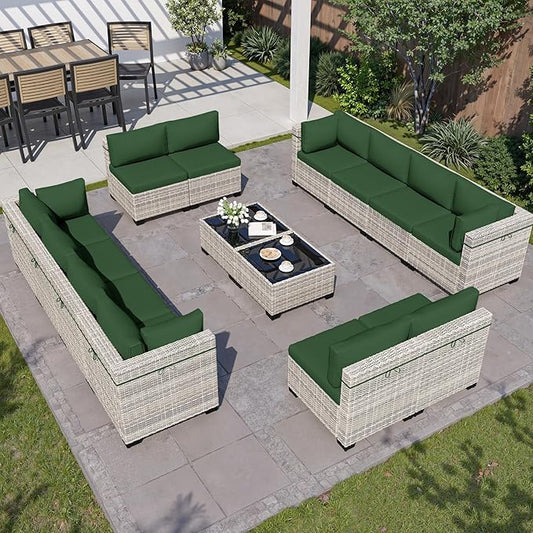 14-Piece Outdoor Patio Furniture Set, PE Wicker Rattan Sectional Sofa Conversation Set with Tempered Glass Table & Thick Cushions - All-Weather Garden, Backyard Furniture, Green